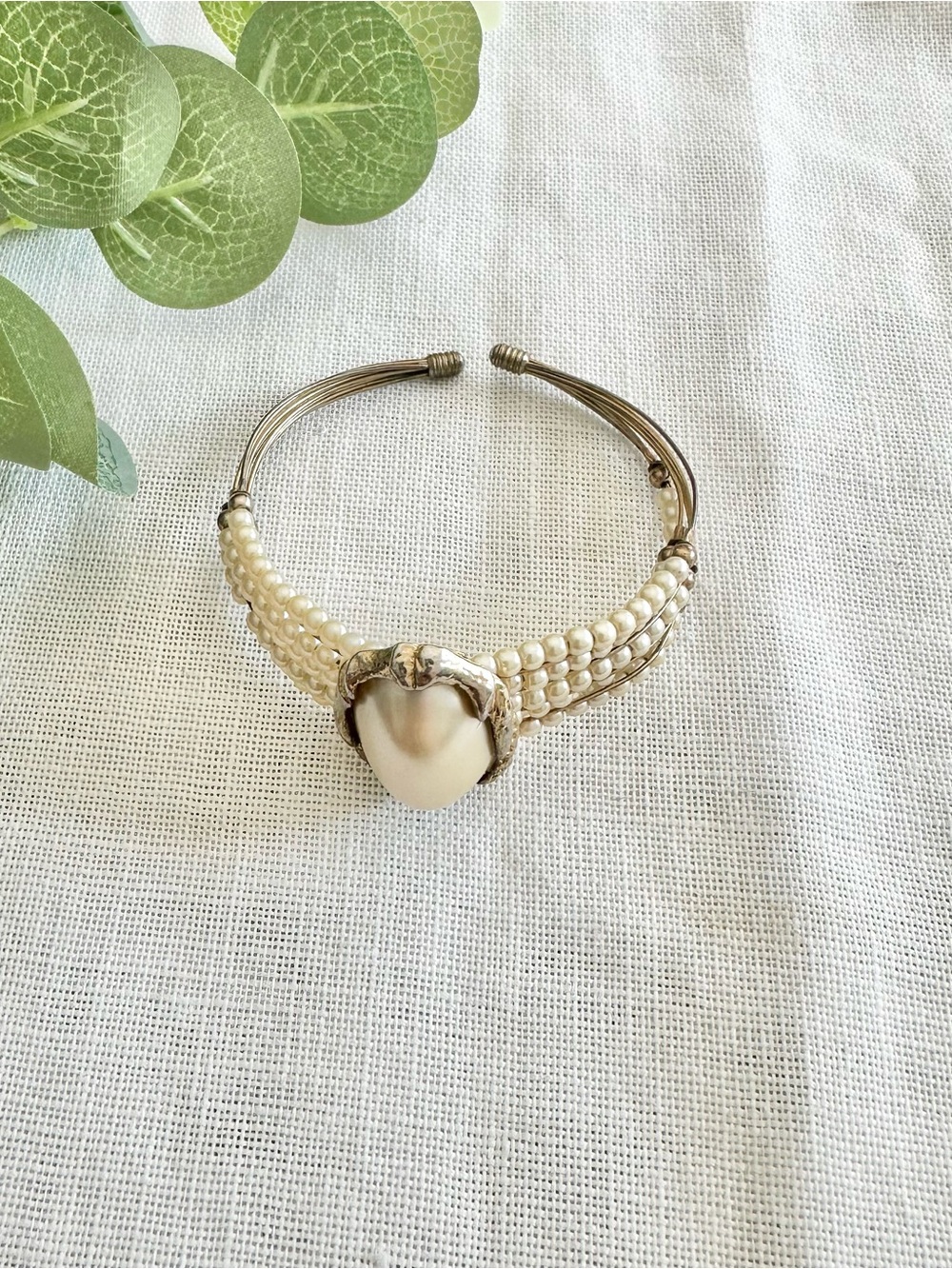 Vintage multi-strand faux pearl wire cuff bracelet